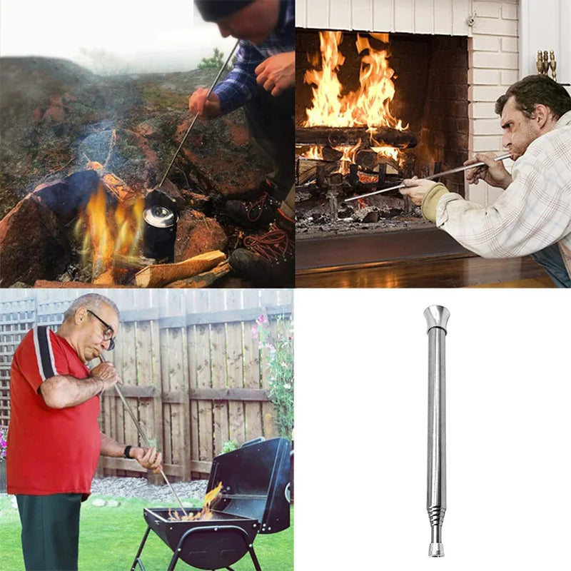 Fire Blow Pipe Telescopic Camping Blow Fire Tube Blower Stainless Steel Pipe Campfire Tool for Outdoor Picnic BBQ Fireplace