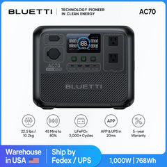 [US Plug] BLUETTI AC70 768Wh 1000W Portable Power Station Sloar Generator Camping Fishing Disaster Prevention Emergency RV Power