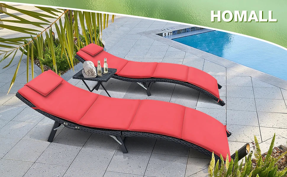 3 Pieces Lounge Chair Sets Outdoor Beach Pool PE Rattan Reclining Chair With Folding Table and Cushion (Red) Chairs