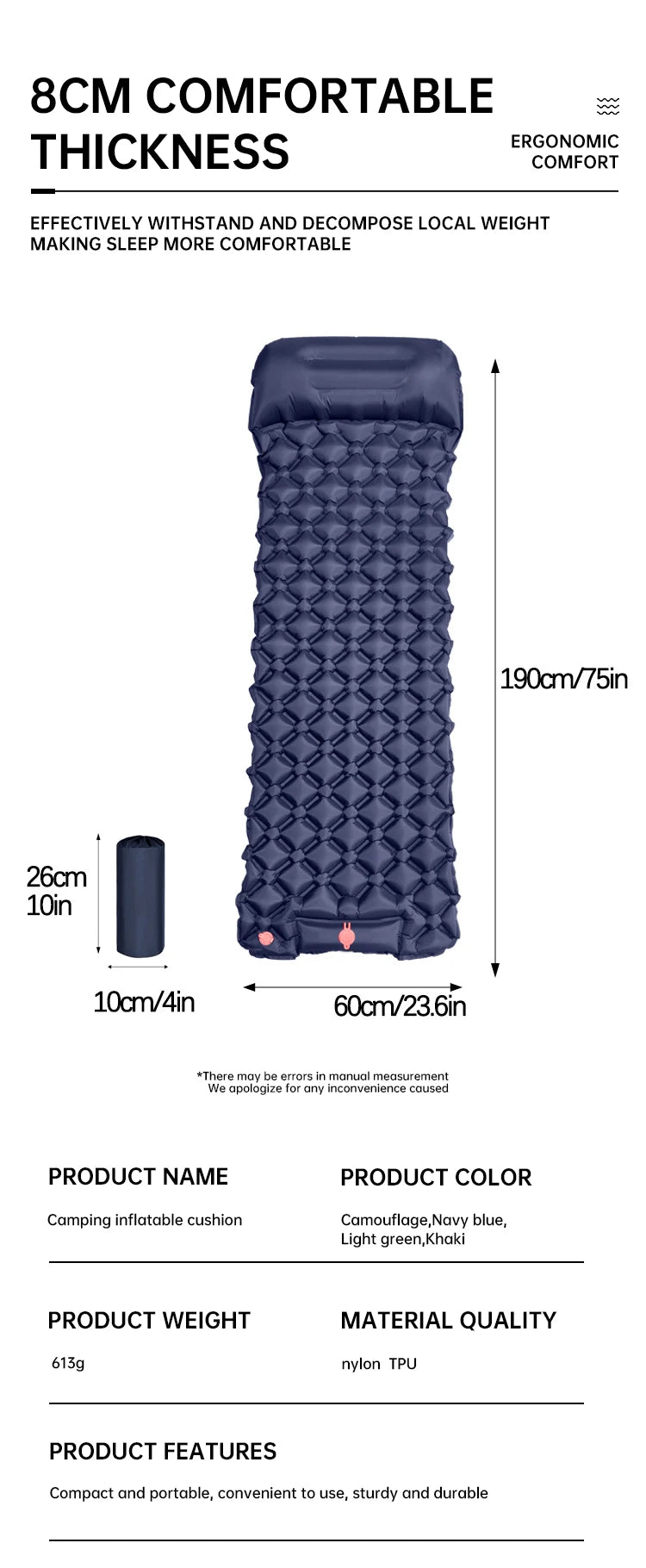 Outdoor Tent Sleeping Mat Camping Ultra Lightweight With Moisture-Proof Pad, Single Person TPU With Foot Inflation Cushion