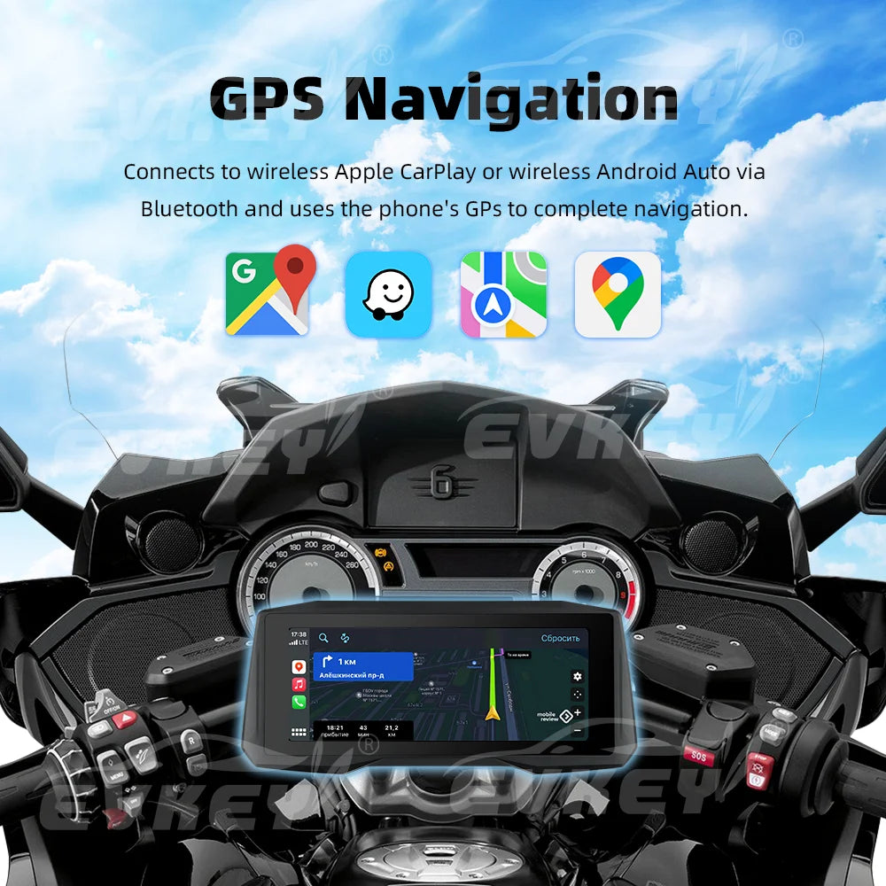 EVKEY New 7inch Motorcycle Navigation Wireless CarPlay Android Auto Airplay Display Screen Portable Motorcycle Monitor