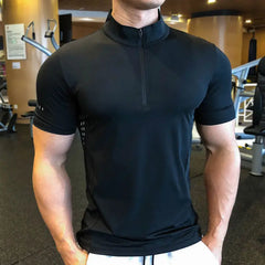 Men Running T-shirt Short Sleeve Night Running Reflective Quick Dry Sweatshirt Male Gym Jogging Top Half Zipper Clothing