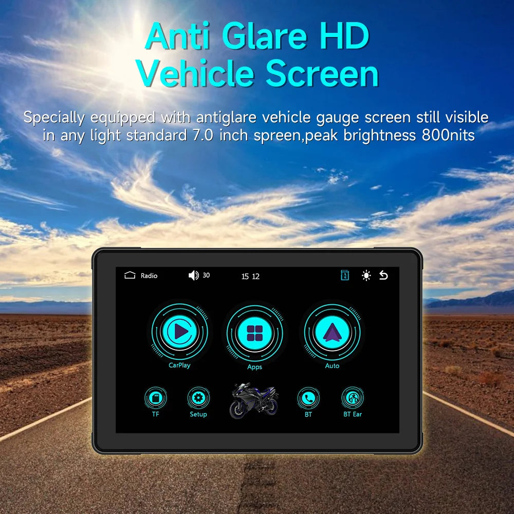 7"Motorcycle Multimedia Player GPS Navigation Recorder Wireless CarPlay Android Auto IP67 Waterproof Screen Bluetooth 2024 New