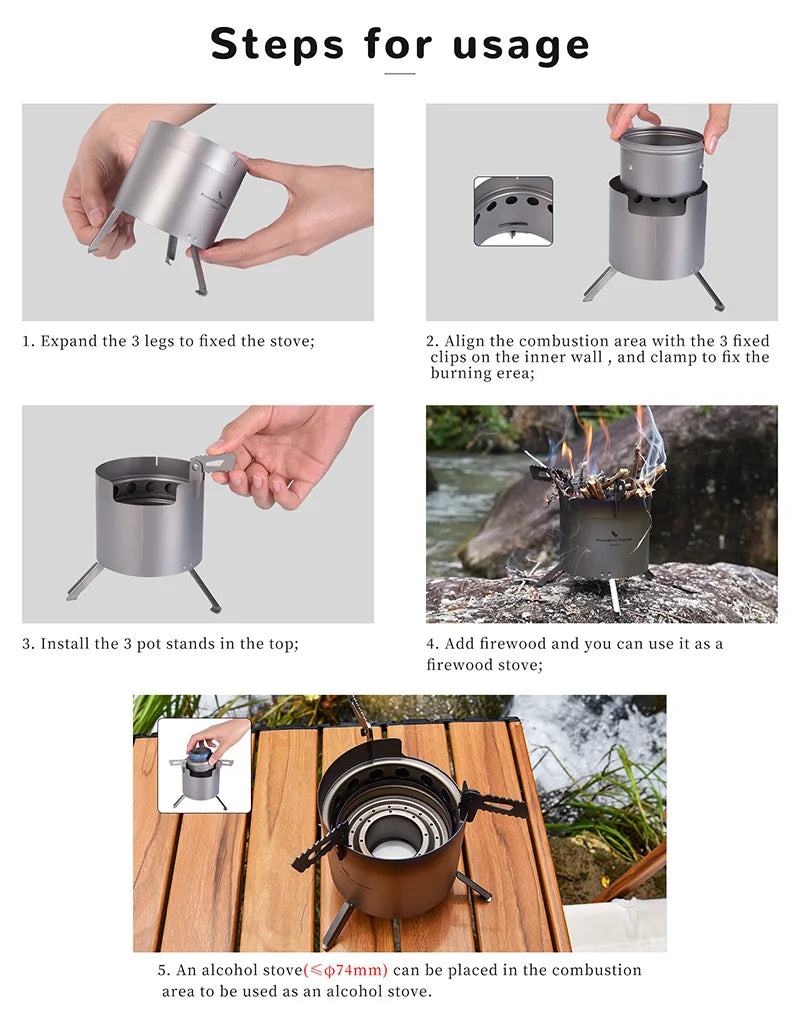 Boundless Voyage Camping Titanium Wood Stove Folding Mini Alcohol Stove Roll Heater Furnace Outdoor Cookware Lightweight Cooker