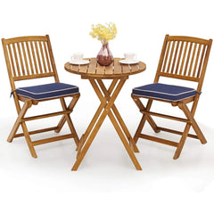 3Pcs Patio Bistro Set,Wood Folding Table Set,2 Cushioned Chairs for Garden Yard,Outdoor Furniture Round Table Natural &Navy Blue