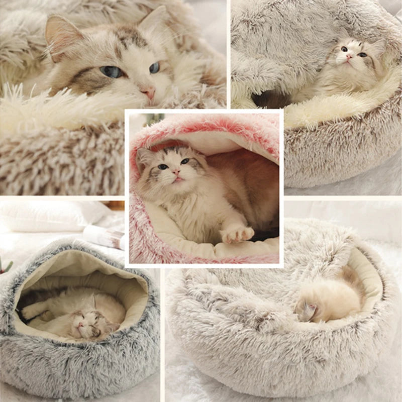 Plush Round Cat Bed Pet Mattress Warm Soft Comfortable Basket Cat Dog 2 in 1 Sleeping Bag Nest for Small Cat Puppy