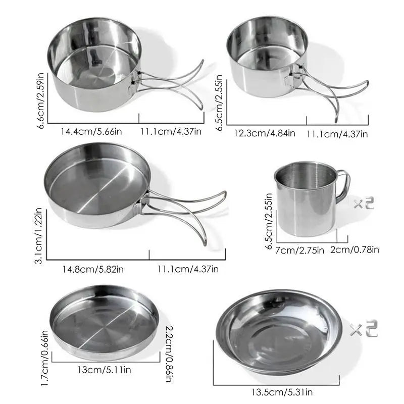 8pcs/set Stainless Steel Outdoor Camping Cookware Set Portable Ultralight Picnic Hiking Cooking Pot Bowl Kit Camping Supplies