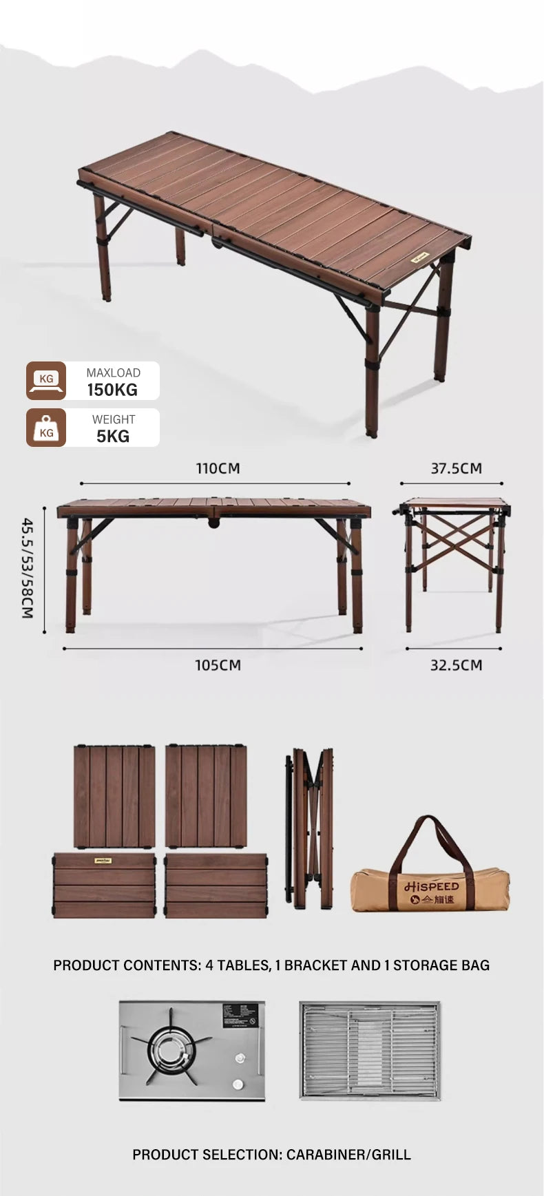 110cm Extended IGT table Lightweight Folding Multifunctional Aluminium Alloy Roll Table Adjustable Leg Desktop burner bbq Table