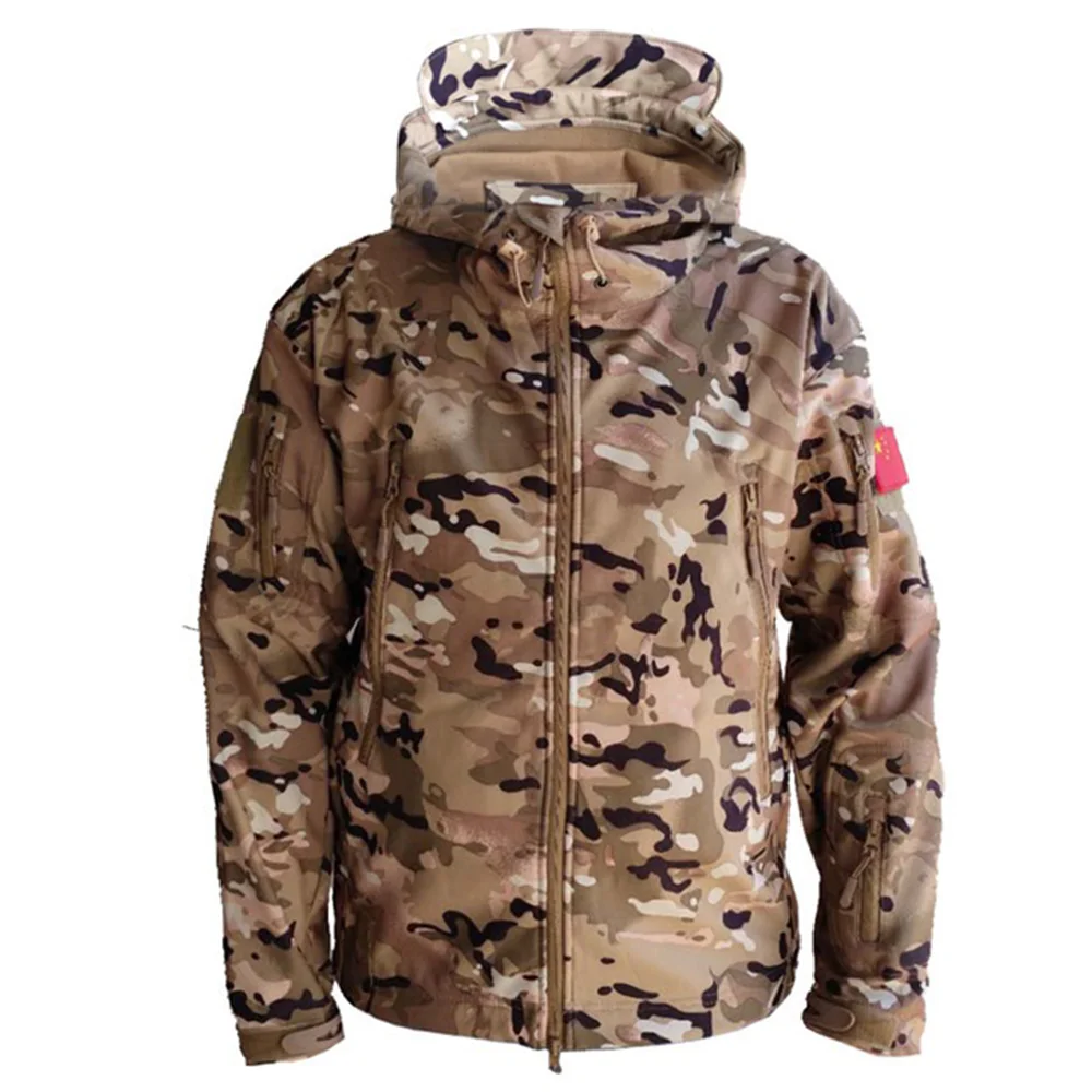 Men's Zipper Soft Shell Windbreaker Tactical Waterproof Jackets Plus Size Men Hooded Coat Camouflage Bomber Fleece Jumper Jacket