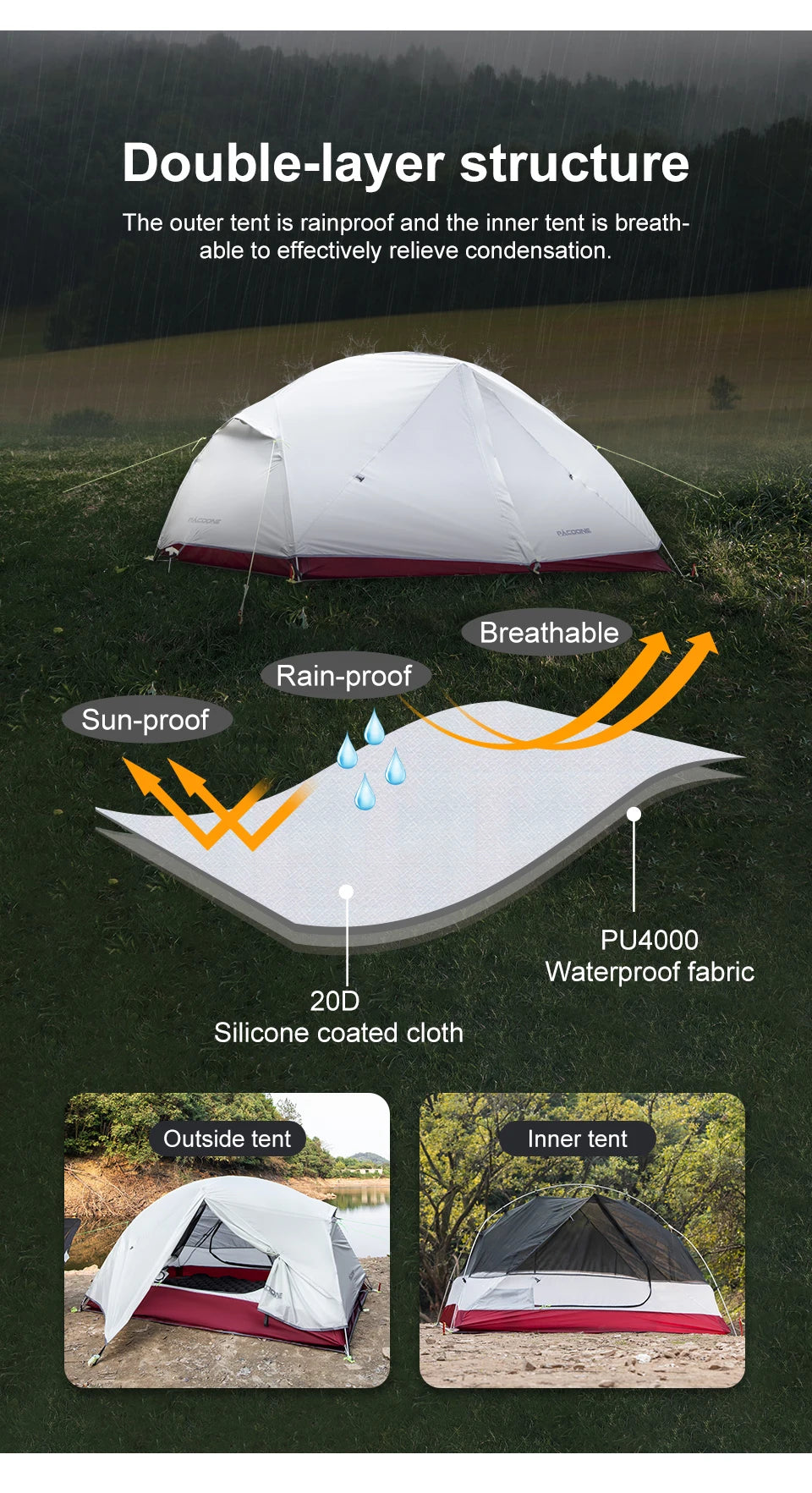 PACOONE Ultralight 20D Nylon Camping Tent Portable Backpacking Cycling Tent Waterproof Outdoor Hiking Travel Tent Beach Tent New