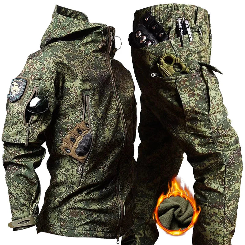 Camouflage Cargo Winter Sets Men Soft Shell Hooded Jackets+Multi-pocket Straight Pants 2 Pcs Suits Waterproof Training Suits