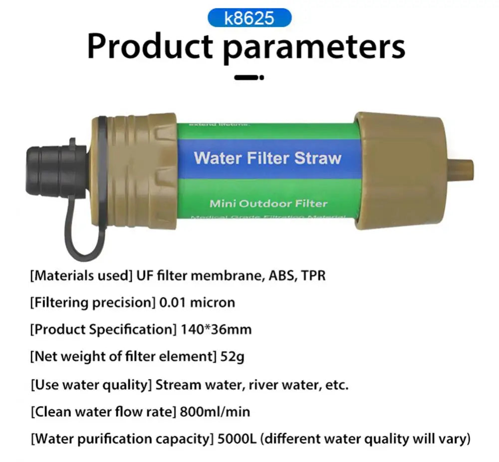 Outdoor Water Filter Straw Water Purifier System with 5000 Liters Filtration Capacity for Camping Emergency Survival Tool