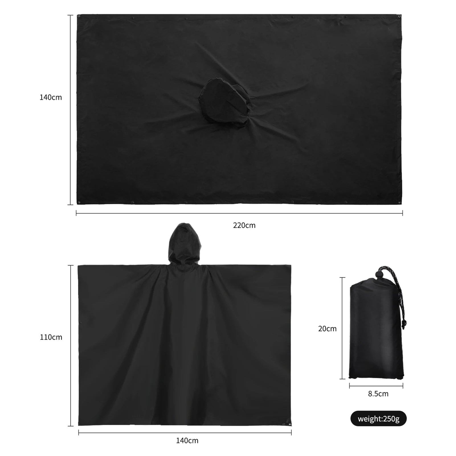 3-in-1 Waterproof Rain Poncho Lightweight Hooded Rain Coat Picnic Mat Blanket Sun Shelter for Outdoor Camping Cycle Climbing