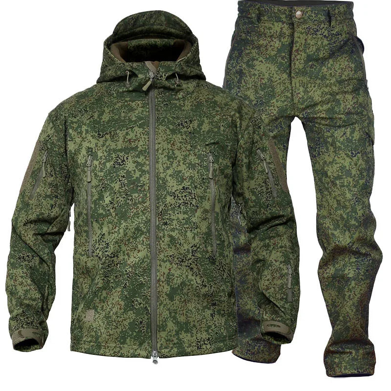 Camo Fleece Cargo Sets Men Winter Windproof Waterproof Shark Skin Soft Shell Tactical Jacket Outdoor Multi-pocket Pant 2 Pcs Set