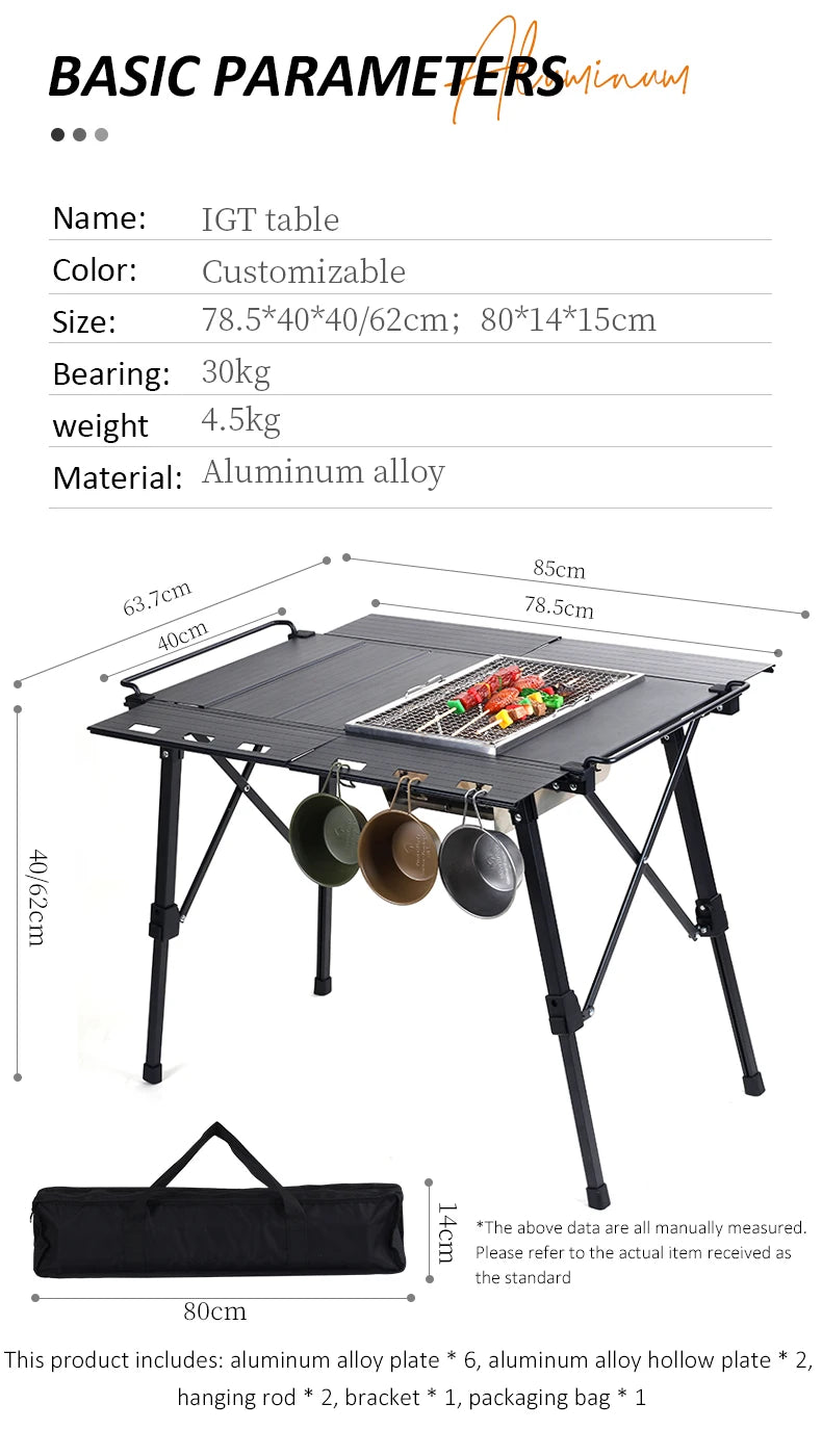 Aluminum IGT Table, Foldable And Expandable, For outdoor activities , Camping,Patio, Hiking, BBQ