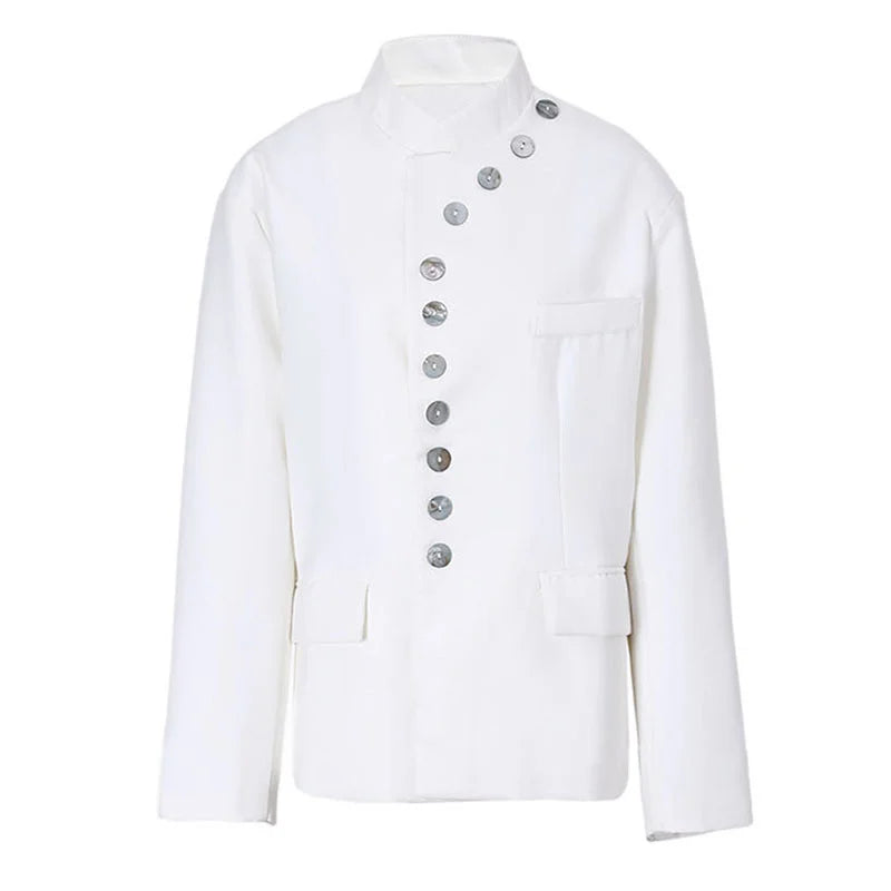 [EAM]  Women White Shell Button Big Size Blazer New Stand Collar Long Sleeve Loose Fit Jacket Fashion Spring Autumn 2024 1DF3501