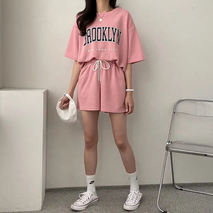 Korean Style Summer Female Sporty Outfit Running Gym Suit Women Clothing Two Piece Sets Short Sleeve T shirt Top Shorts Casual