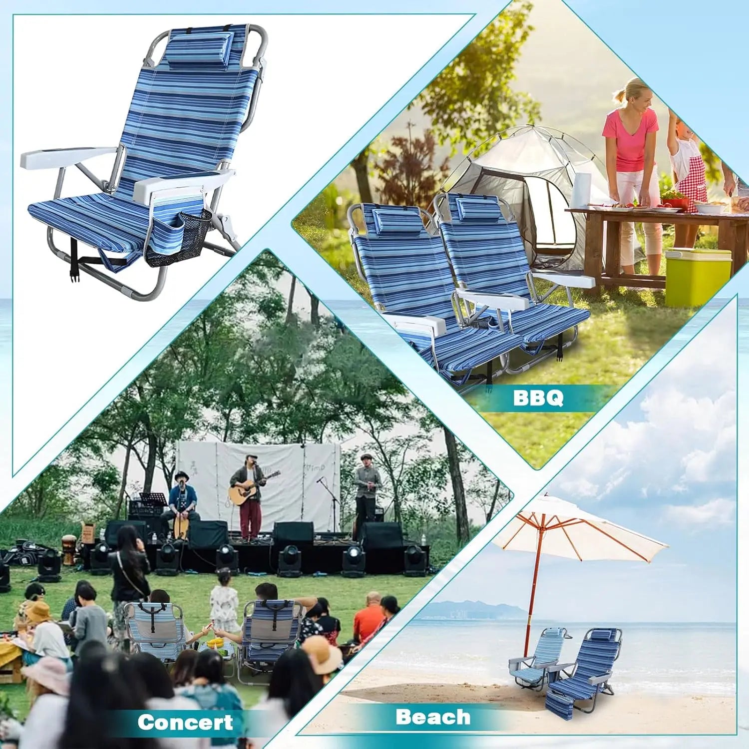 Backpack Folding Beach Chairs Set of 2 Heavy Duty 350Ibs with Camping Table Portable Lay Flat Beach Chair 5-Position Adjustable