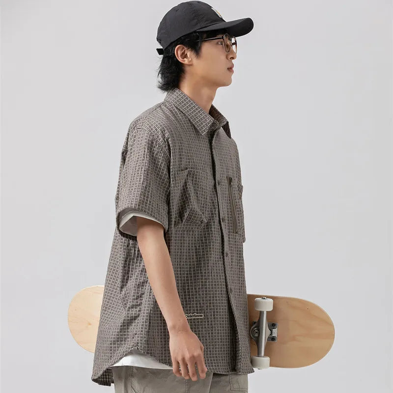 Zipper Pocket Plaid Short Sleeved Work Shirt Men's Summer Thin Loose Clothes Outdoor Trekking Sports Travel Sunscreen Clothing