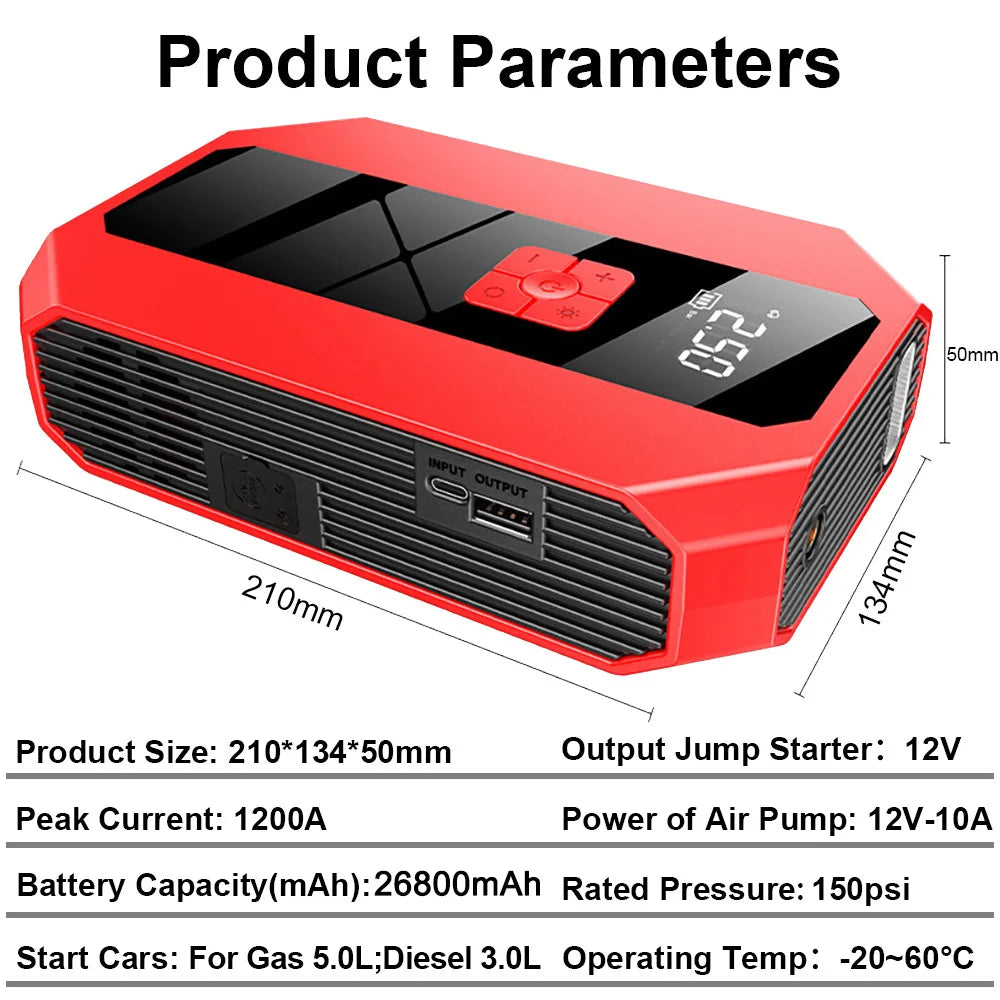 4 In 1 Car Jump Starter Power Bank Air Compressor Inflator Pump 1200A Portable Power Station Car Battery Charger Booster