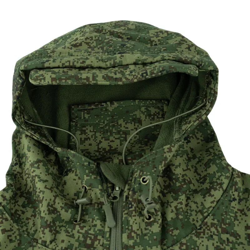 Men's Russian Camouflage Fleece Waterproof Soft Shell Windproof Winter Hooded Jacket Hunting Suit Windbreaker Cardigan