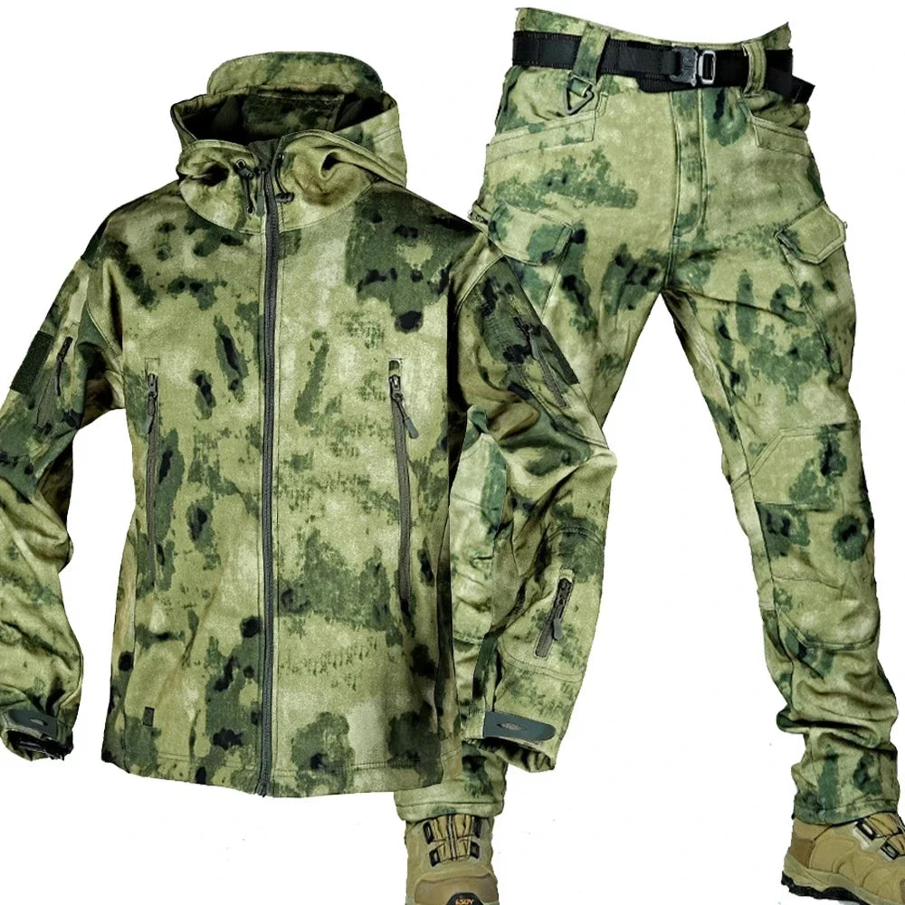 Camouflage Cargo Winter Sets Men Soft Shell Hooded Jackets+Multi-pocket Straight Pants 2 Pcs Suits Waterproof Training Suits