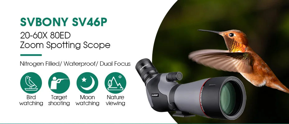 SVBONY SV46P Telescope 20-60x80 ED Spotting Scope Dual Focus  IPX7 Waterproof fogproof Professional Birding Camping equipment