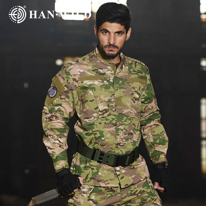 HAN WILD Climbing Uniform Training Airsoft Camo Tactical Suits Men Soldier Combat Jacket Hunting Pants Hiking Hunt Clothing