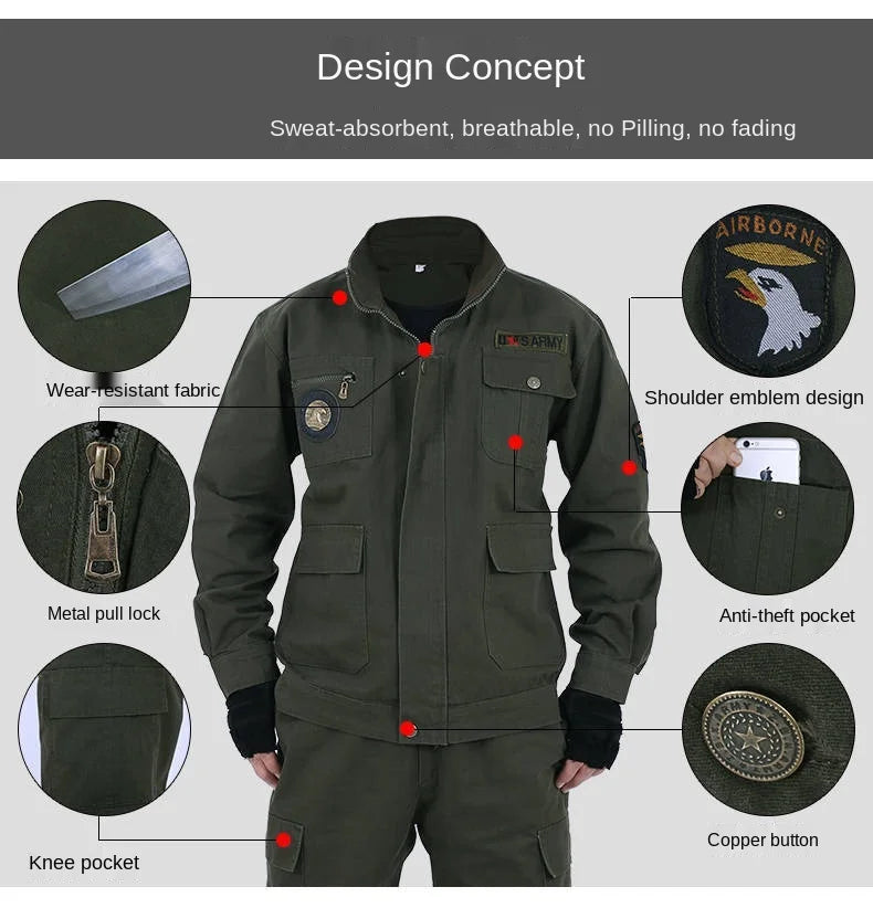 Army Green Man Suit Unified Military Clothing Men Work Clothes Outdoors Camping Mountaineering Wear Long Sleeve Military Uniform