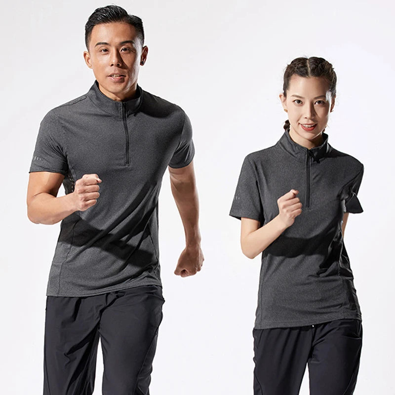 Men Running T-shirt Short Sleeve Night Running Reflective Quick Dry Sweatshirt Male Gym Jogging Top Half Zipper Clothing