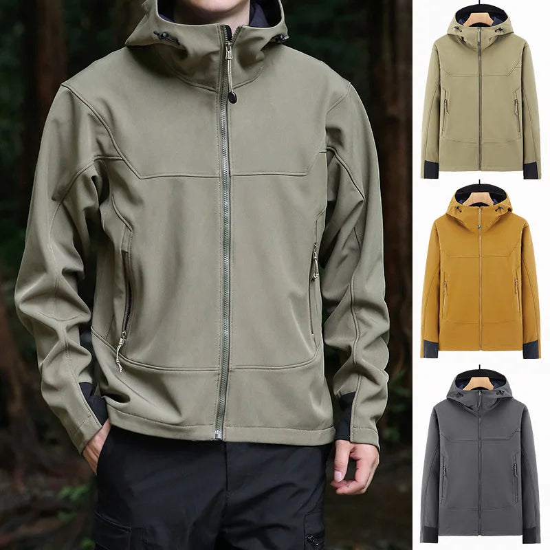 Top US Mens Autumn Hiking Soft Shell Jackets Outdoor Full Zip Hooded Fleece Lining Multi-pocket Windproof Warm Cargo Safari Coat