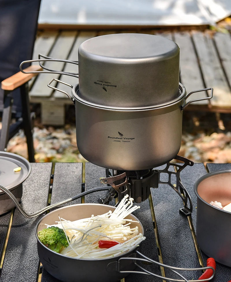 Boundless Voyage Outdoor Camping Titanium Pot Pan Kettle Set Travel Portable Cookware Steamer Pot Cooking Mess Kit for 1-4 Man