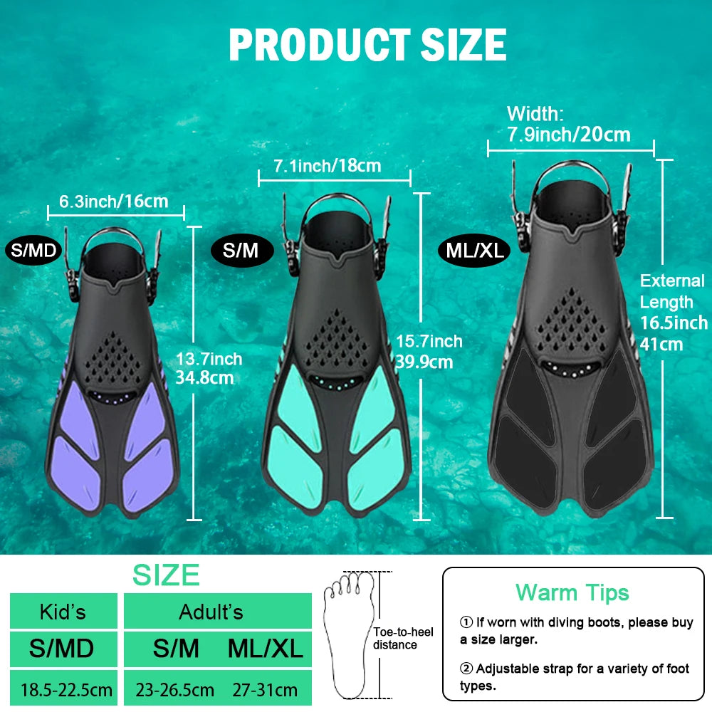 Professional Snorkeling Foot Diving Fins Adjustable Adult Swimming Fins Flippers Swimming Equipment Water Sports Child Kid Adult