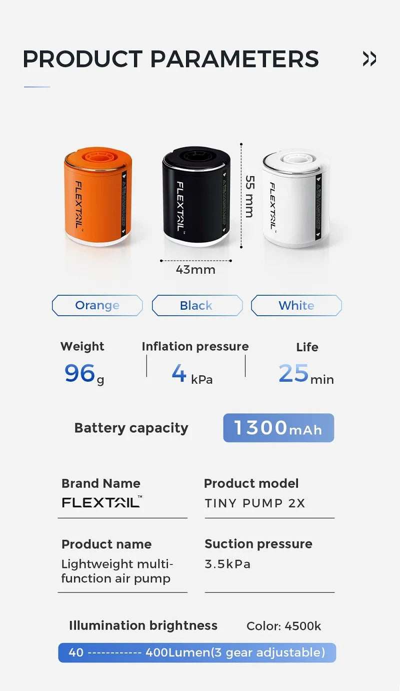 Flextail Mini Air Pump Tiny 2X Portable Rechargeable with Camping Lantern Ultralight Electric Inflate Sleeping Pad Mattres