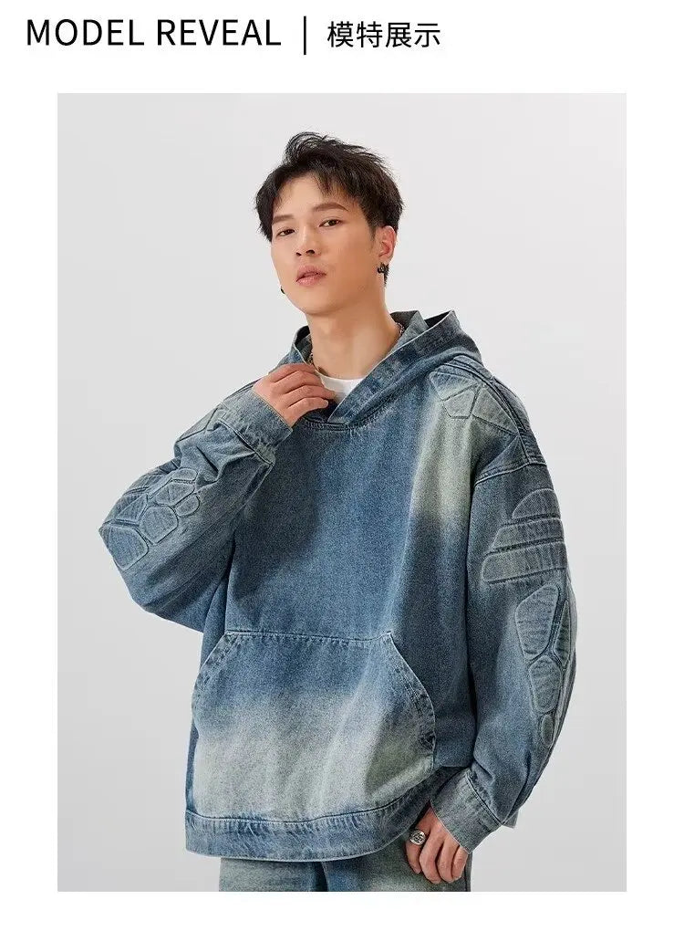 Denim Hooded Jacket Men Women Convex Turtle Shell Pattern Loose Casual Vintage Sweatshirt Coat Street Washed Denim Pullovers New