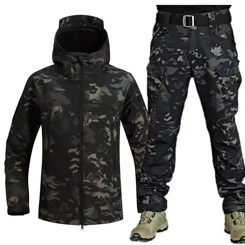 Outdoor Shark Skin Warmth Jackets Pants Set Men Tactical Camo Jacket Trousers Autumn Winter Thicken Soft Shell Clothes