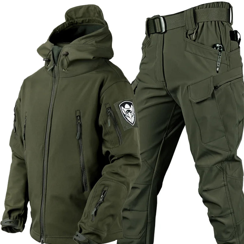 Autumn Winter Men Military Fleece Sets Shark Skin Soft Shell Waterproof 2 Piece Set Windproof Warm Cargo Jackets ＋Army Pants