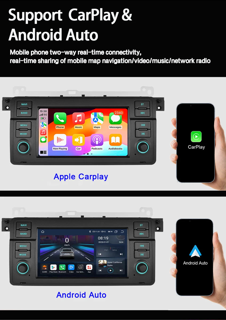 Junuse 7" Android 12 Radio For BMW S3 E46 Car Stereo Multimedia 318/320/325/330/335 M3 1998-2006 Wireless CarPlay AUTO GPS DSP