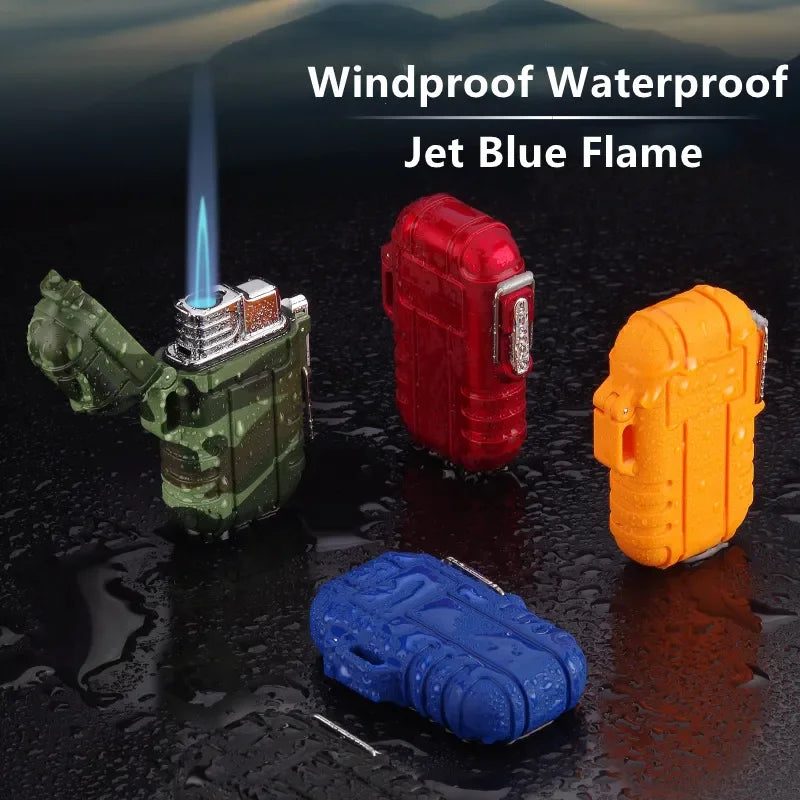 Outdoor Waterproof Lighter with Lanyard Portable Blue Flame Jet Lighter Butane Turbo Cigar Lighter Camping Wading Men's Gadgets