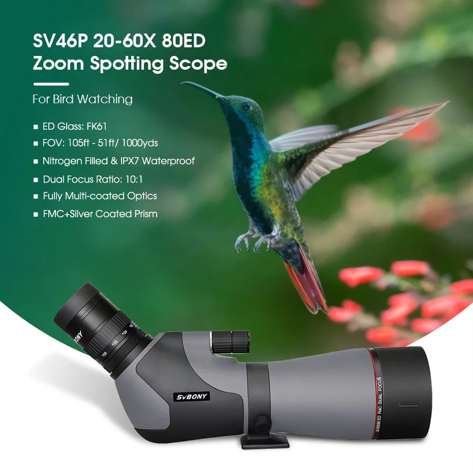 SVBONY SV46P Telescope 20-60x80 ED Spotting Scope Dual Focus  IPX7 Waterproof fogproof Professional Birding Camping equipment