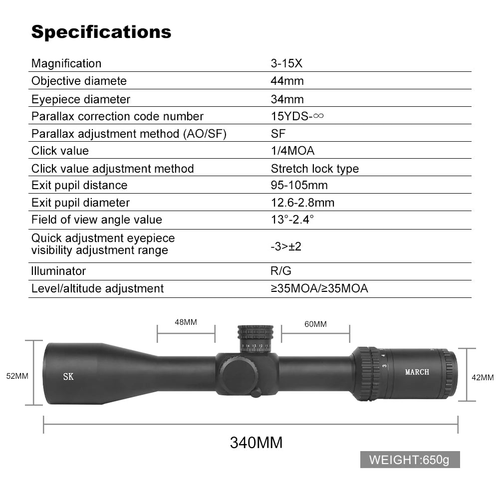 MARCH SK 3-15x44 FFP IR Tactical Caza Riflescope Spotting PCP Rifle Scope Hunting Illumination Airgun Airsoft Optical Sight