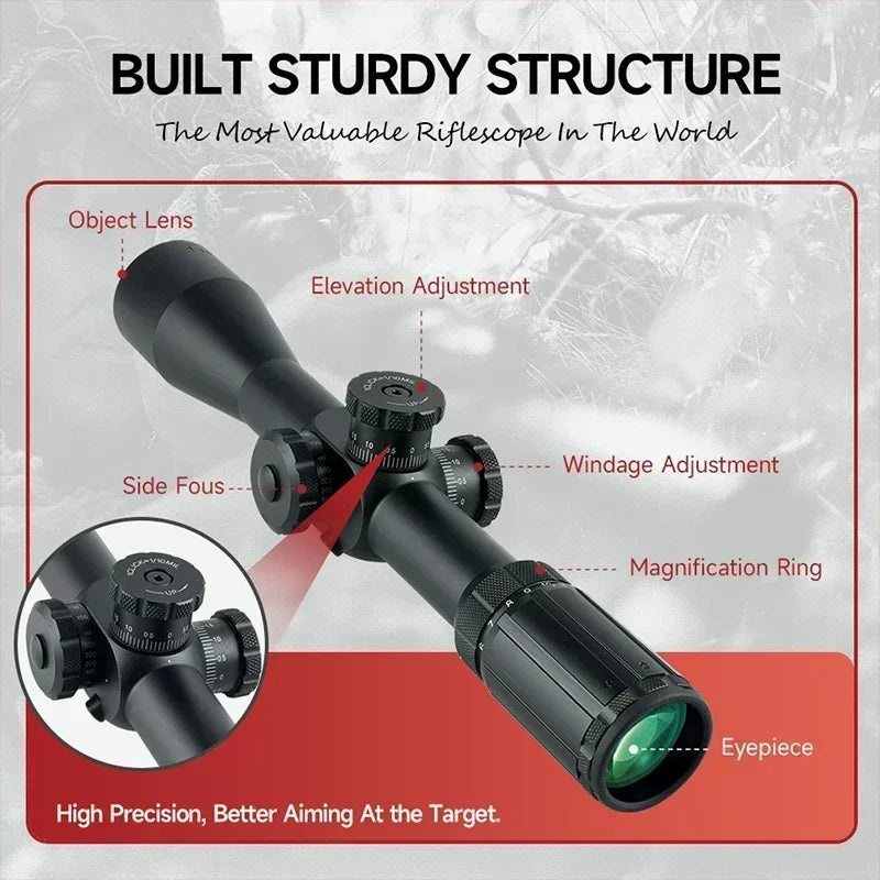 4-14X44 FFP Riflescope Red/Green Cross Spotting Hunting Optical Scope Tactical Long Range Shooting Snipe Airsoft Sight 11mm/20mm