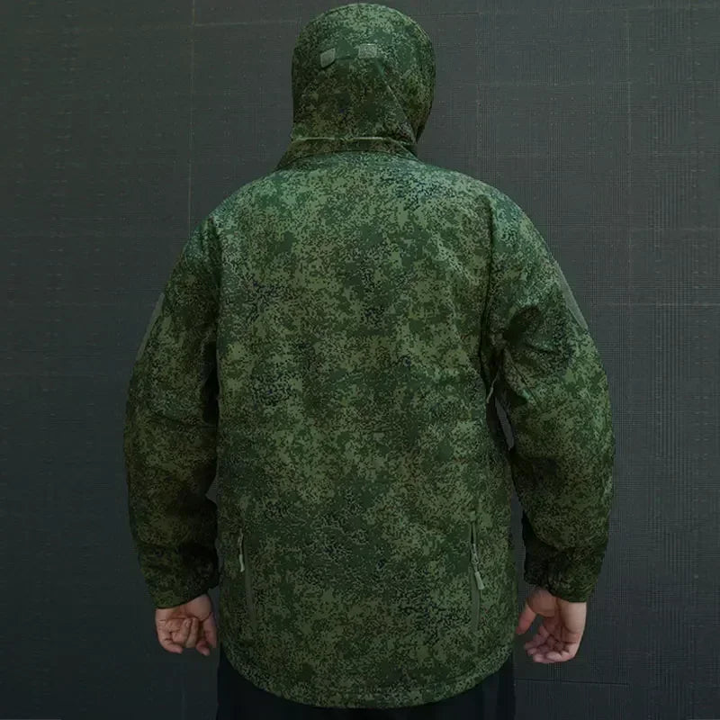 Men's Russian Camouflage Fleece Waterproof Soft Shell Windproof Winter Hooded Jacket Hunting Suit Windbreaker Cardigan