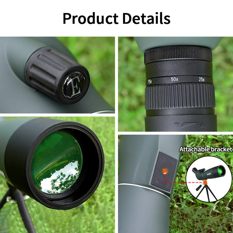 25-75x70 HD Spotting Scope Zoom Monocular Telescope BAK4 Prism ED Lens IPX6 Waterproof for Target Shooting Bird Watching Camping