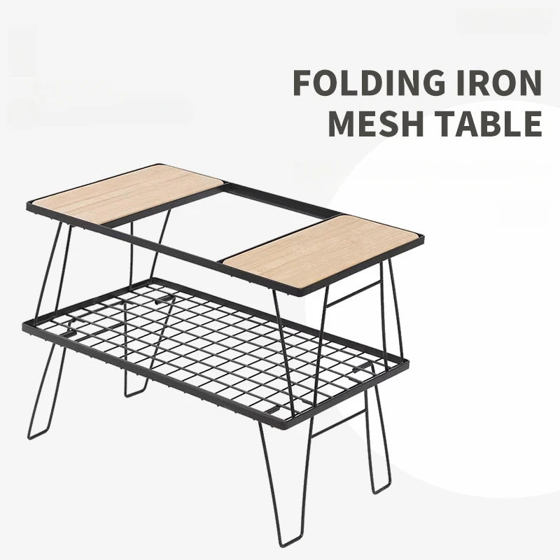 Outdoor IGT Folding Iron Mesh Table Multifunctional Storage Rack Bamboo Board Dining Table Portable Free Splicing