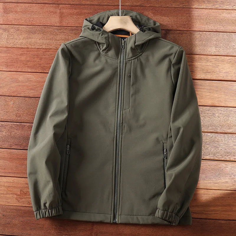 5XL Outdoor Waterproof Soft Shell Jacket Men's Autumn Winter Plus Velvet Windproof Warm Fleece Hooded Coat Military Windbreaker