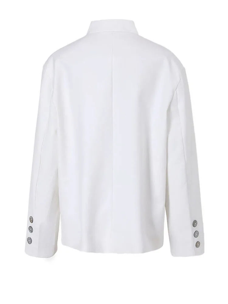 [EAM]  Women White Shell Button Big Size Blazer New Stand Collar Long Sleeve Loose Fit Jacket Fashion Spring Autumn 2024 1DF3501