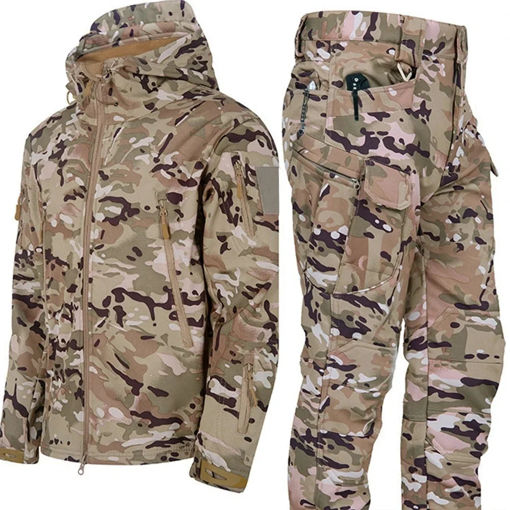 Camouflage Cargo Winter Sets Men Soft Shell Hooded Jackets+Multi-pocket Straight Pants 2 Pcs Suits Waterproof Training Suits