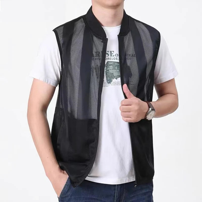 Summer Mens Mesh Fishing Vests Multi-pocket Outdoor Work Big Size Zipper Jacket Men Quick-drying Stripe Skin Clothes Hiking Vest