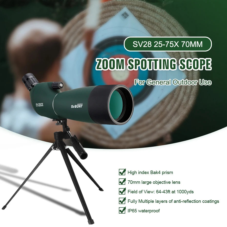 SVBONY SV28 Spotting Scopes with Tripod,25-75x70,Waterproof,Range Shooting Scope,Compact, for Target Shooting,Wildlife Viewing